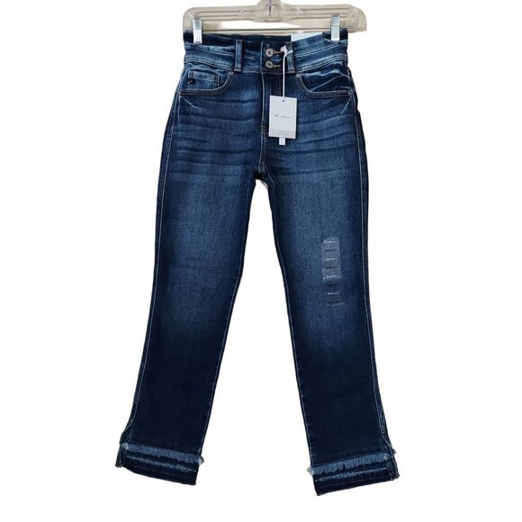 Kancan High Rise Ankle Straight Dark Sandblasted Frayed Hem Denim Jeans - Picture 4 of 9